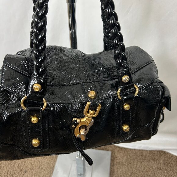 Francesco Biasia Black Patent Leather Braided Handle Satchel - Picture 2 of 9
